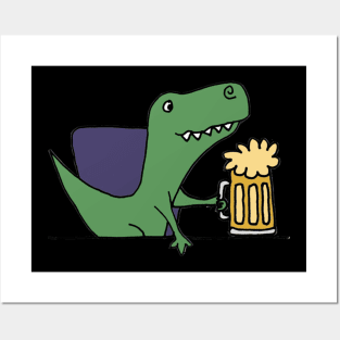 Funky Funny Cool T-rex Dinosaur Drinking Beer Posters and Art